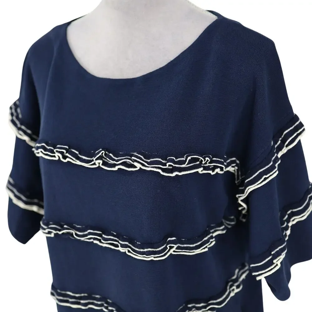 J Crew Sweater Womens Medium Navy Blue White Ruffle Top Cotton Knit Whimsy